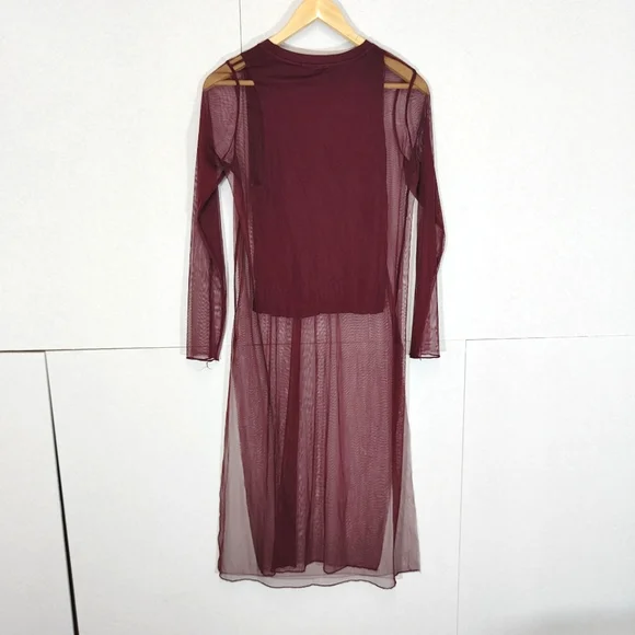 Zara Burgundy Red Top Size M Medium UK 14 16 Sheer Longline Mesh Side Slits - Picture 2 of 8